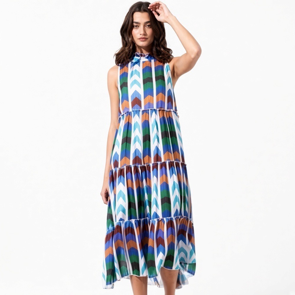 Oliphant Geometric Chevron Tiered Midi Dress Cotton Silk Blend Colorful XS